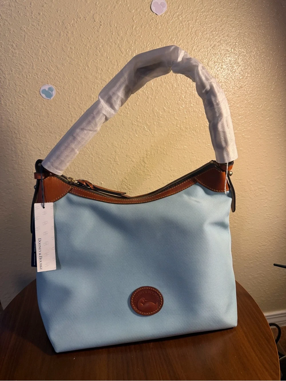 Dooney & Bourke Light Blue Shoulder Bag with Brown Leather Trim